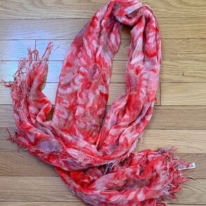 Collection Eighteen Red Pink Floral Scarf Lightweight Sheer Fringe Scarf